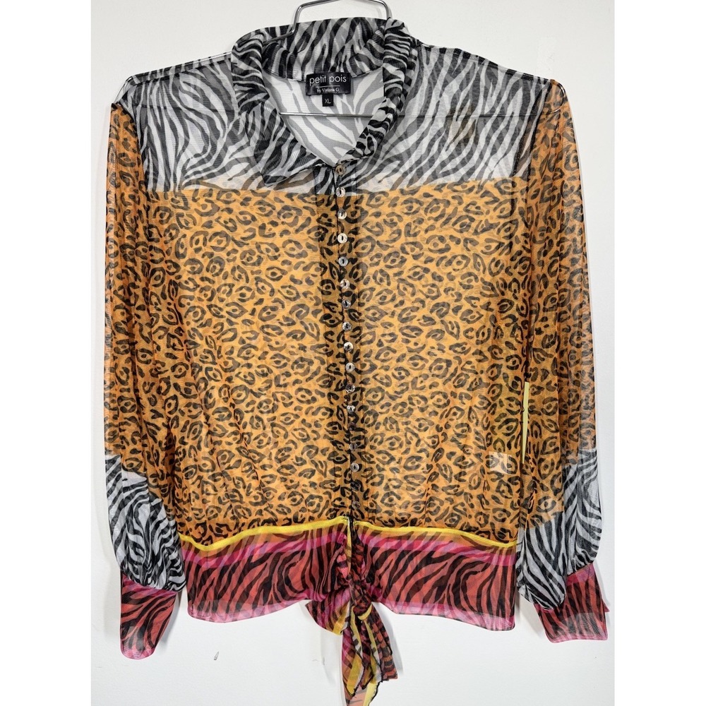 Petit Pois Viviana G Sexy Sheer Mesh Button Up Blouse Mixed Animal Print Size XL